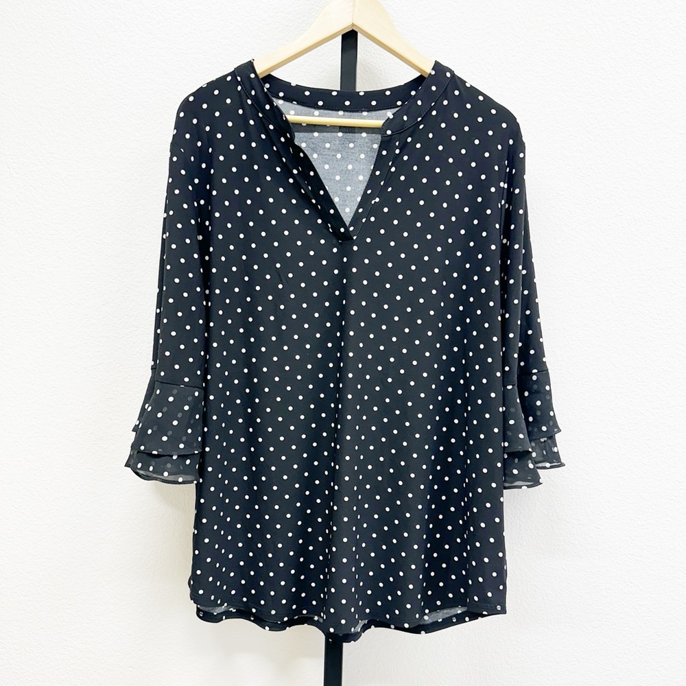 Kasper Women’s Plus Size Dot-Print Flutter-Sleeve Blouse Black ~Unknown Size~